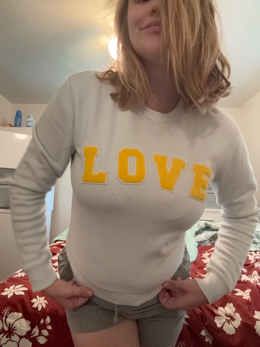 Tory Sport White Crewneck Sweatshirt with Yellow LOVE Appliqué